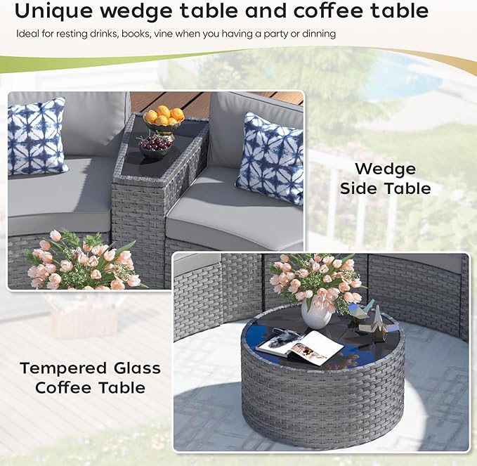 ABCASA Outdoor Patio Furniture Set with Coffee Table,11 Pieces Half-Moon Curved Outdoor Sectional Sofa and Side Table Waterproof Cover, Wicker Rattan Patio Coversation Set for Porch,Backyard(Grey)