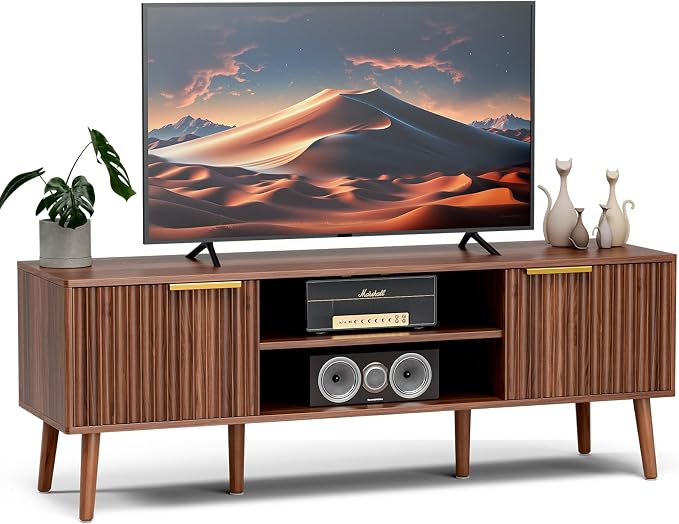 LCRBOL TV Stand for Living Room, Mid Century Modern Entertainment Center for 55/60 inch TVs, TV Console with Fluted Door Cabinets and Open Shelves, for Bedroom, Walnut - Image 8