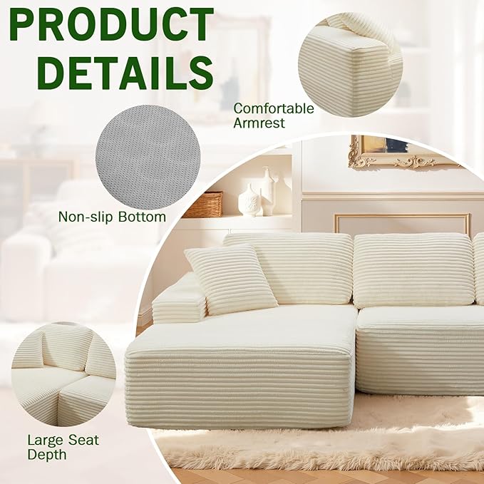 109.4” Modular Sectional Sofa, Convertible Sofa Bed, No Assembly Required Cloud Couch with Deep Seat, Modern L-Shaped Boneless Sofa for Living Room (Beige)