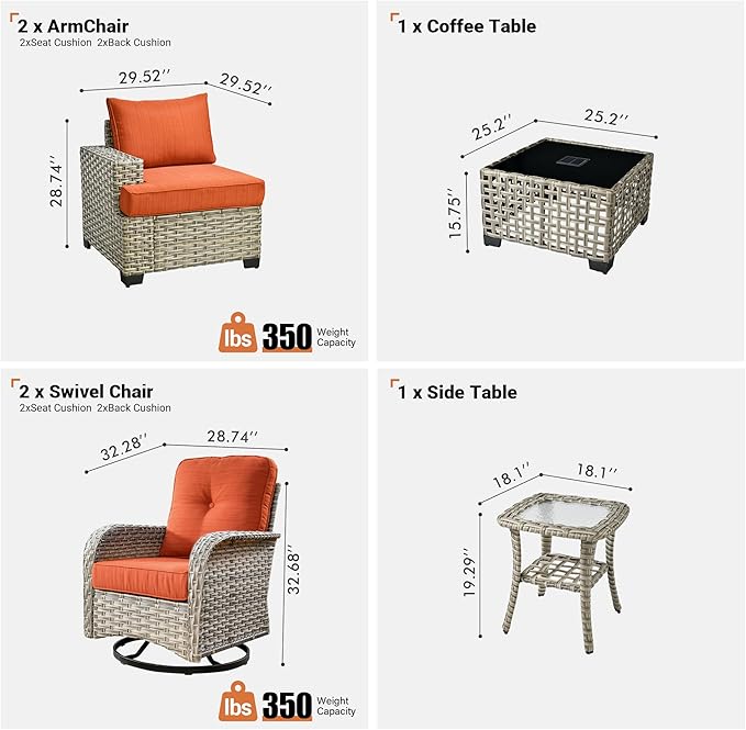 ovios 6 Piece Patio Sectional Furniture with Swivel Rocking Chairs, Rattan Wicker Coversation Set with Glowing Coffee Table, Outdoor Sofa Set for Outside Porch Balcony Backyard Pool, Orange