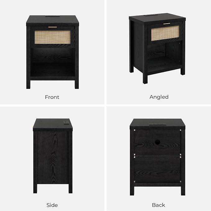 SICOTAS Black Nightstands Set of 2 with Charging Station - Rattan Night Stand with Drawer, Modern Bedside Table with USB and Type-C Ports, Bed Side Tables for Bedroom, Black Oak, 2 PCS - Image 7