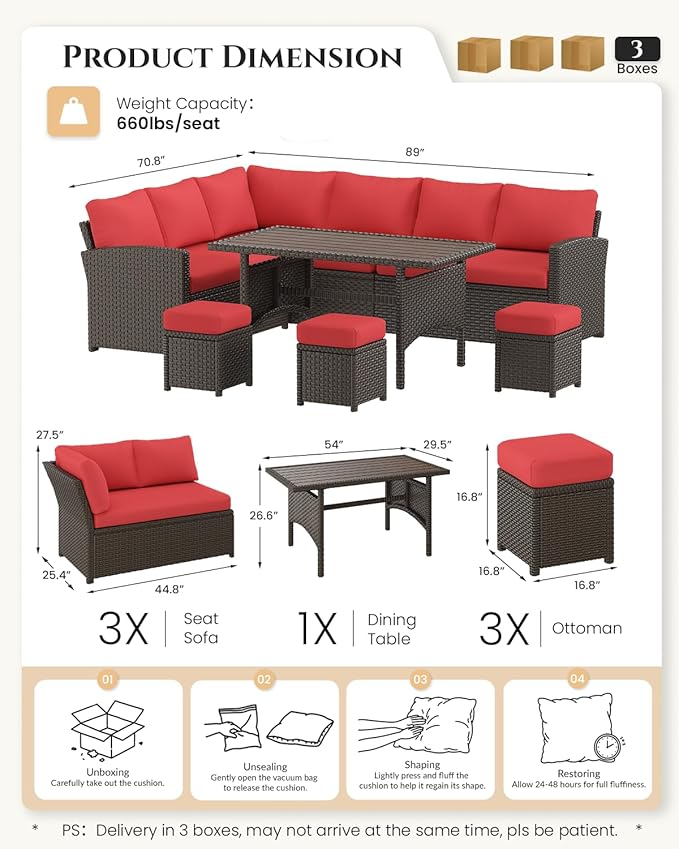 U-MAX 7 Pieces Patio Furniture Set, Outdoor Sectional Sofa Conversation Set, All Weather Wicker Rattan Dining Table & Chair with Ottoman, Brown Rattan&Red Cushion