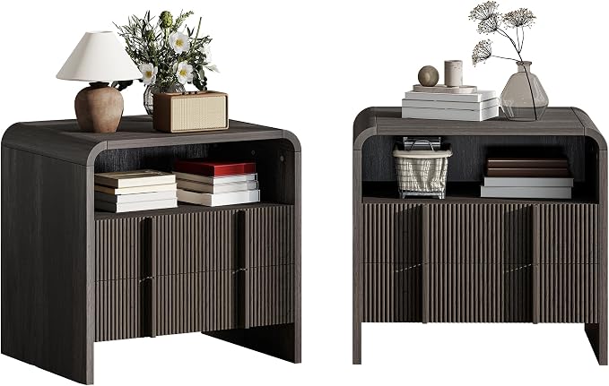 AMERLIFE Fluted Night Stand Set 2 with Storage Drawers, Modern Small Nightstand & Bedside Table with Open Shelf, Curved Profile Design & Pine Handles, Wood End Table for Bedroom, Black - Image 9