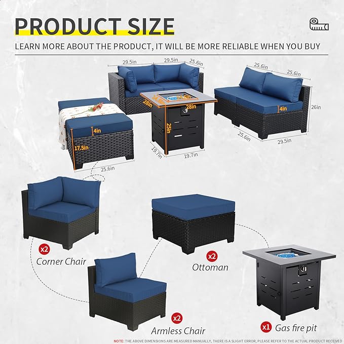 7 Pieces Outdoor PE Wicker Furniture Set Patio Rattan Sectional Conversation Sofa Set with Navy Blue Cushions and Fire Pit Table