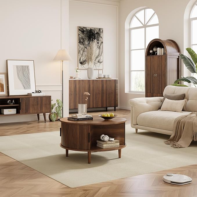 Round Coffee Table with Storage, Mid Century Modern Coffee Table, Fluted Dining Table with Sliding Door, Circle Coffee Table for Living Room Home Office, 31.5", Walnut