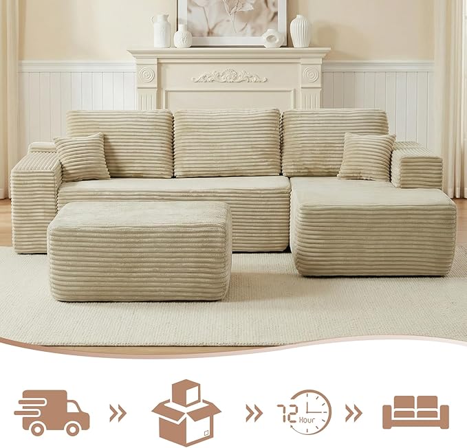 104" Boneless Modular Sectional Sofa with Reconfigurable U-Shaped Layout, No Assembly Required Compressed Sofa, Deep Seat Seating with Ottoman for Living Room, Bedroom, Apartment Beige Right