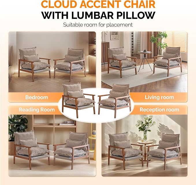 VINGLI Mid-Century Modern Cloud Accent Armchairs Set of 2 with Lumbar Pillow, 6.3'' Thick Seat Cushion Reading Chairs with Wooden Armrests, Boho Lounge Chair for Bedroom, Living Room, Chenille, Khaki
