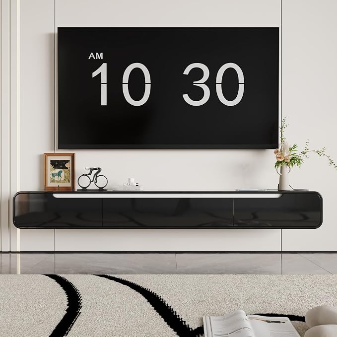 basenji Fully-Assembled Floating TV Stand -71" Wall Mounted TV Stand with Power Outlet | High Gloss Modern Floating Entertainment Center Media Console for Living Room, Bedroom - Black - Image 9