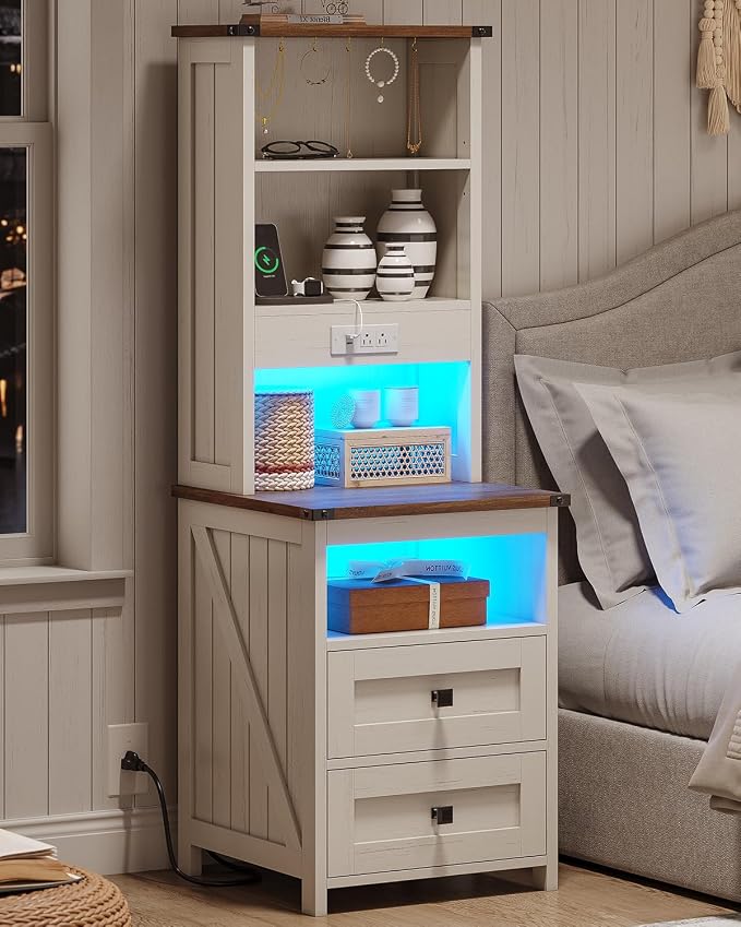 Farmhouse Tall Nightstand with Charging Station and Bookshelf,Led Wood Night Stand with 2 Drawers, Bedside End Side Table with 6 Hooks and Storage Shelves for Bedroom, Antique White - Image 9