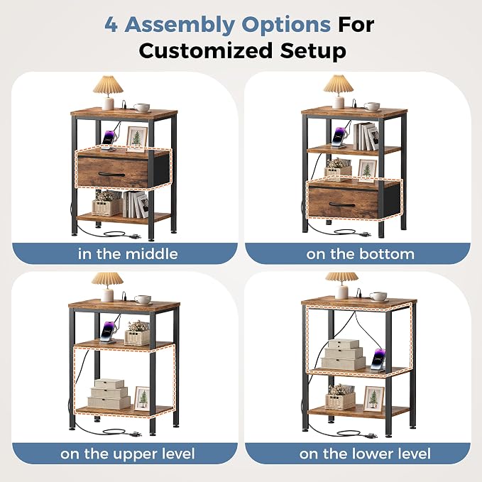 OLIXIS Nightstands Set of 2 with Charging Station, Bedside Tables with USB Ports and Fabric Drawer, Small Night Stand with Open Adjustable Shelf, Compact End Table for Bedroom, Rustic Brown - Image 9