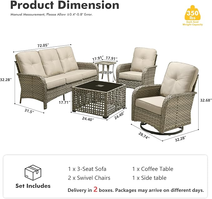 HOOOWOOO Outdoor Patio Furniture Set with Light Table,5 Pieces Wicker Conversation Set,All Weather High Back Couch Sofa Swivel Chairs Set,Beige