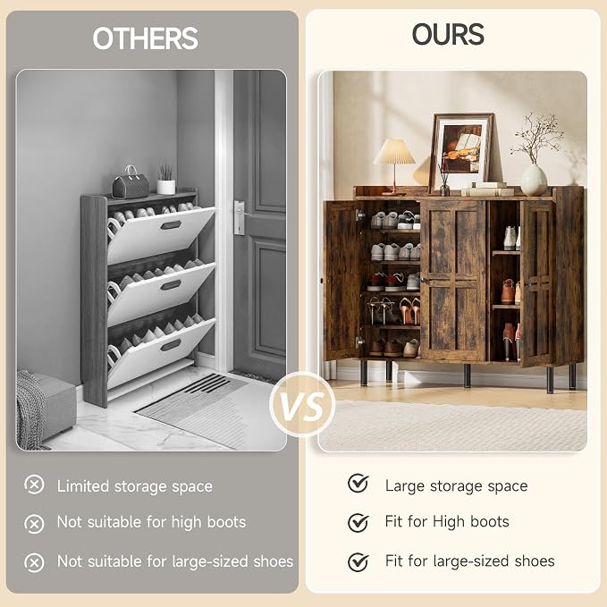 ONBRILL Shoe Cabinet with 3 Doors and Adjustable Shelves, 30 Pairs Shoe Storage Cabinet, 40 Inch Tall Farmhouse Shoe Rack Shoe Organizer Cabinet for Entryway Living Room Closet, Rustic Brown - Image 9