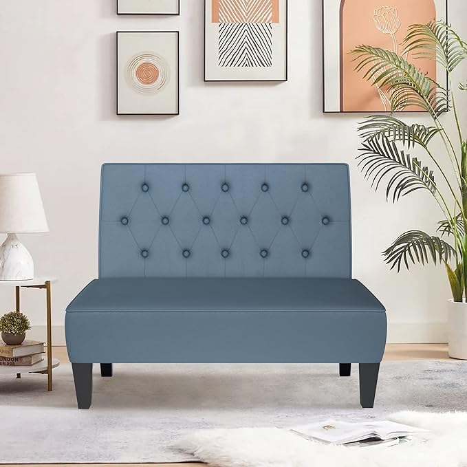 annjoe Button Tufted Loveseat Settee Upholstered Sofa Backrest Buckle Couch Banquette Bench for Dining Room Living Room Bedroom Funiture-Blue