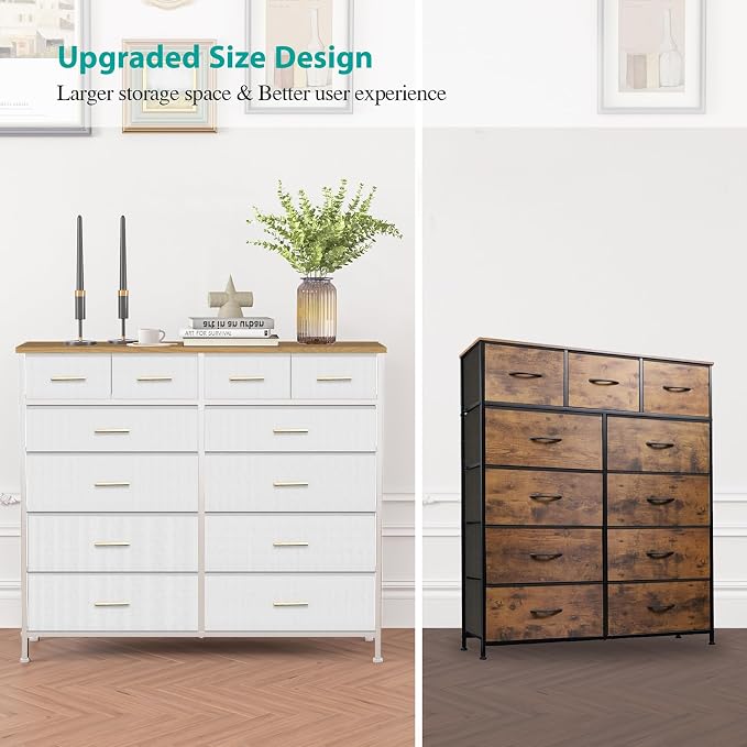 VASICAR White Dresser for Bedroom with 12 Deep Drawers, Wide Chest of Drawers, 55" TV Stand with Retro Wood Top, Tall Fabric Dresser for Closet, Nursery - Image 6