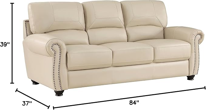 Lexicon Leather Match Couch for Living Room with Wood Frame, Rolled Armrest & Nailhead Trim, Top Grain Leather Match Sofa for Bedroom, Office, Waiting Room, 3-Seater Sofa, Cream