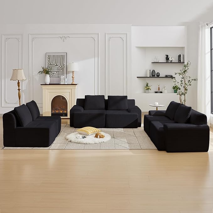 Modular Sectional Sofa with Movable Ottoman, 6 Seat Deep Seat Couch with 6 Pillows, Comfy Cloud Sectional Sofa for Living Room, Bedroom and Apartment (Black, 2 Left+2 Right+2 Middle)