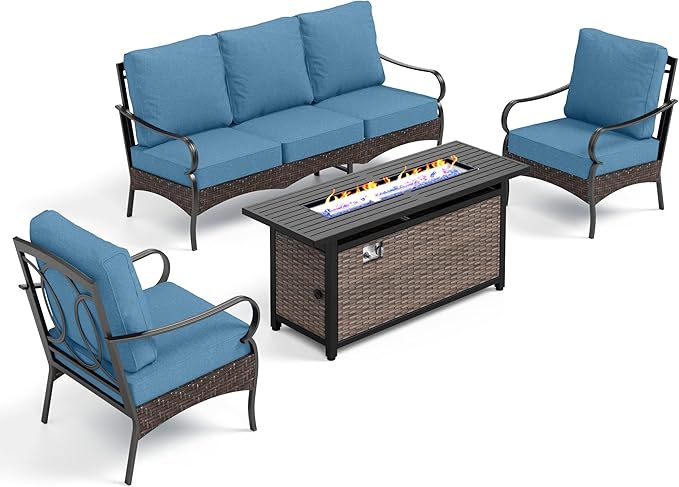Patio Furniture Set with 56" Fire Pit Table, Premium Outdoor Wicker Metal Frame Furniture with Upgraded Waterproof Thick Cushions for Porch, Poolside, Deck, and Yard (4 Pieces,Navy