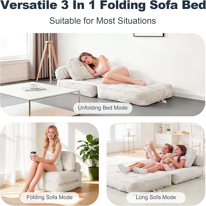 Folding Sofa Bed, Flannel Futon Couch Bed with Pillow and Blanket, Convertible Sleeper Chair for Living Room Bedroom, White