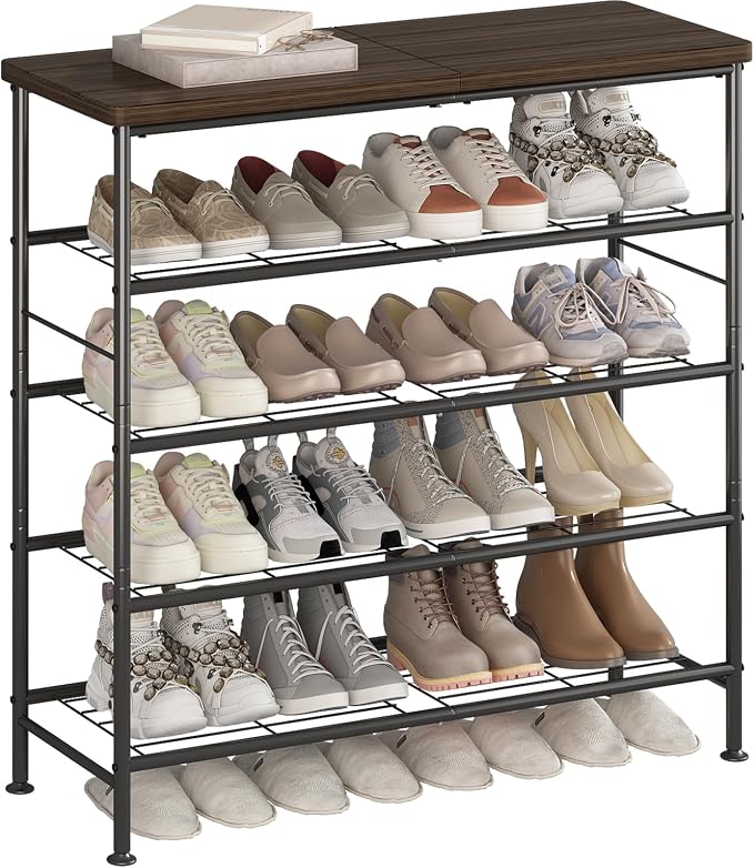 SUOERNUO Shoe Rack Organizer 5 Tier for Closet Entryway Free Standing Metal Storage Shoe Shelf with MDF Top Board,Black+Rustic Brown - Image 8