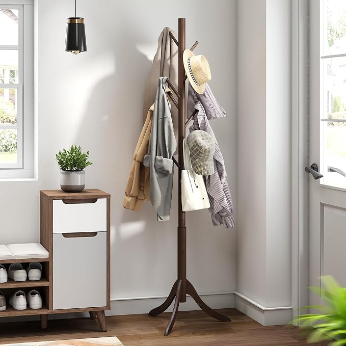 kiplant Bamboo Wood Coat Rack Stand, Freestanding Coat Tree with 8 Hooks, Hallway Entryway Hat Hanger Organizer Standing for Bedroom, Office, Clothes, Jackets, Bags, Umbrallas - Image 8