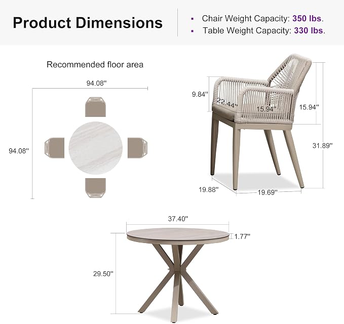 PURPLE LEAF 5 Pieces Patio Round Dining Set Aluminum Round Table and Rattan Arm Chairs with Cushions for Kitchen Porch Garden Modern Outdoor Furniture Sets, Champagne - Image 9