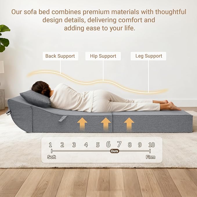 BeBen Folding Sofa Bed Chair, Convertible Sleeper Chair Futon Couch, Foldable Boneless Floor Lounger Sofa, Single Foam Chair Bed for Small Spaces, Dorm, Guest Room, Living Room, Apartment, Grey