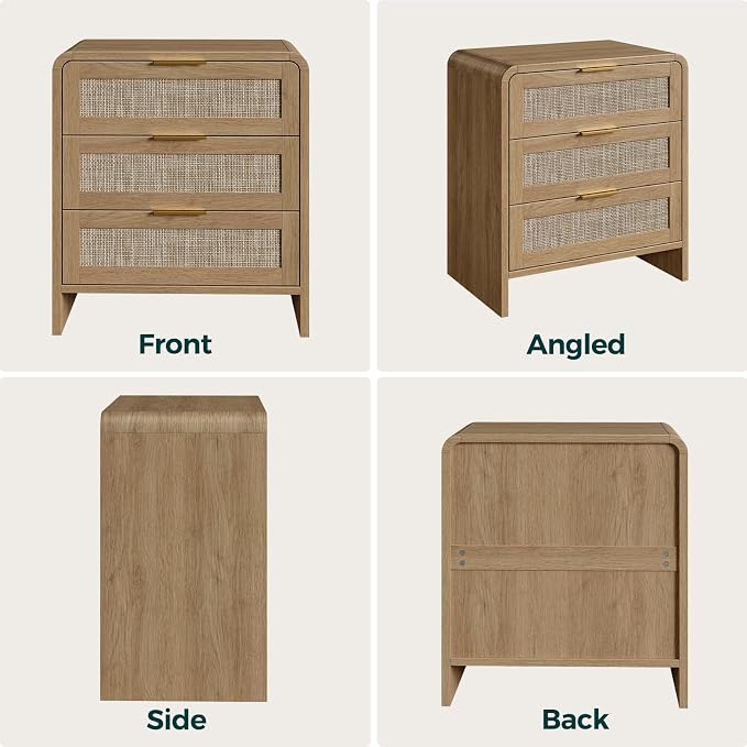 Evermagin 23" Wide Rattan Night Stand with 3 Drawer, Boho Nightstand with Storage, Wooden Bedside Table End Table for Bedroom, Light Oak - Image 8