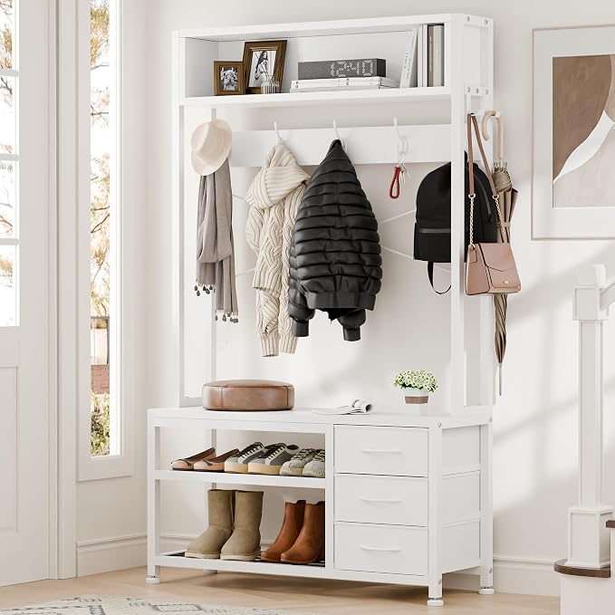 Lulive Hall Tree with Bench and Shoe Storage, 31.5" Coat Rack Freestanding with 2-Tier Storage Shelf, 5-in-1 Entryway Bench Coat Rack with 12 Hooks and 3 Drawers(White) - Image 9