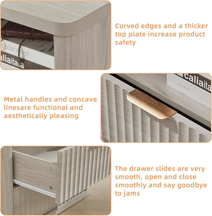 LEYAOYAO Fluted Farmhouse Nightstand Set of 2 with Charging Station, 23" Wide 2 Drawers Night Stand,LightGrey Dresser for Bedroom,Bed Side Table Chest of Drawers,Wood End Table for Living Room - Image 8