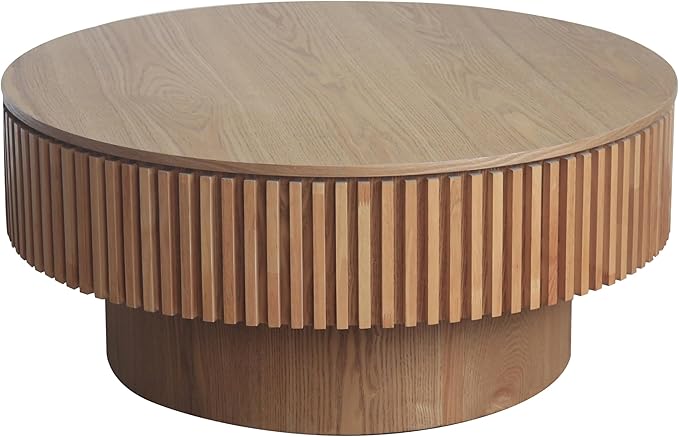 φ31.5 Round Coffee Table with Storage, Wood Veneered Pedestal End Table for Living Room, Modern Contemporary Circle Fluted Drum Side Table for Small Space - ø31.5" x 14"H Oak