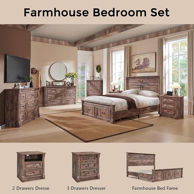 Aitjunz 26" Tall Farmhouse Nightstand Set of 2, 3 Drawers End Table w/Charging Station, 23.6" Wide Large Side Table w/Roman Column, Wood Rustic Sofa Table for Bedroom, Light Brown - Image 7