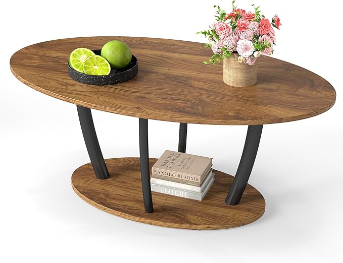 Manora Rustic Small Oval Coffee Table for Living Room, Narrow Wood Center Table with Shelf, Retro Style Coffee Table with Curved Metal Legs, Stable and Easy Assembly, Rusric Brown