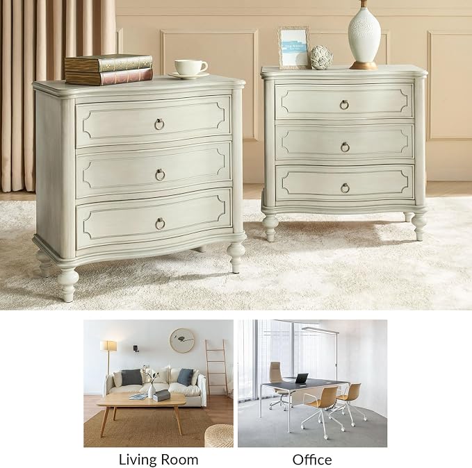 HULALA HOME Traditional Side Table with 3 Drawers, Tall Side Table with Curved Front Profle Desgin, Charging Station, Solid Wood Legs, White - Image 7