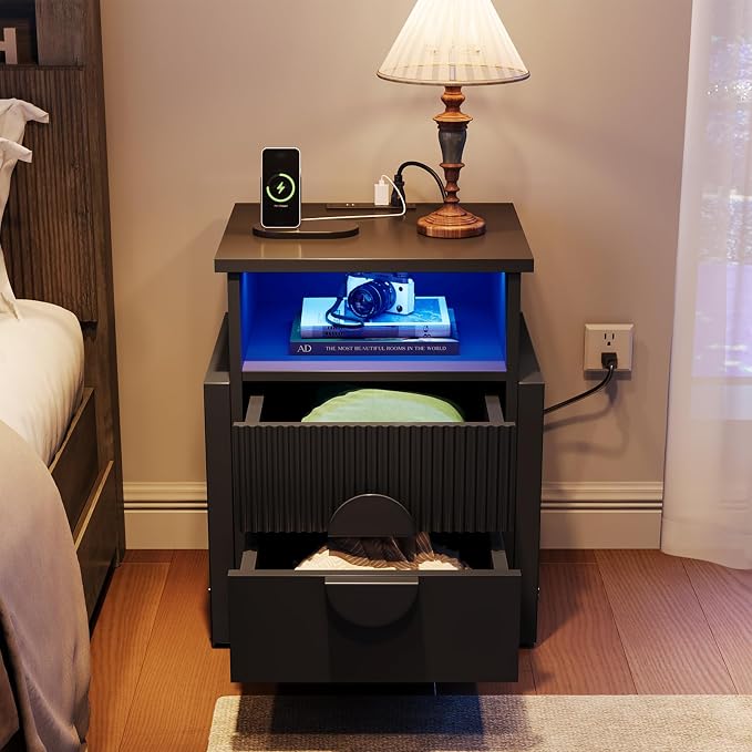 LGHM Set of 2 Fluted Nightstand with Charger Station Strip Lights, 20.47" W Night Stand with 2 Drawers, Large Accent Bed Side Table and End Table, Large Open Cubby, Raising H Legs,Black - Image 9