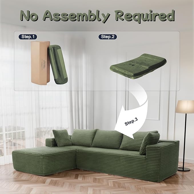 Cloud Sectional Couch, 105” Fluffy Modular L-Shape Sofa with Right Chaise Lounge, Modular Sectional Sofa in a Box, Boneless Couch for Living Room, No Assembly Required, Flannel Green