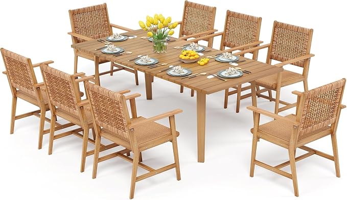 PHI VILLA 9 Pieces Acacia Wood Outdoor Dining Set for 8, Teak Rectangle Wooden Table & Chairs with Wicker Seat and Back, Farmhouse Dining Furniture Set for Patio, Deck, Yard, Porch - Image 9