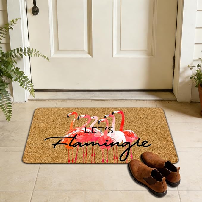 Funny Pink Flamingo Faux Coir Door Mat Doormat for Front Door Indoor Outdoor Porch Entrance Entryway Outside Inside, Let's Flamingle Summer Tropical Pink Welcome Mat, 17x30 Inches - Image 7