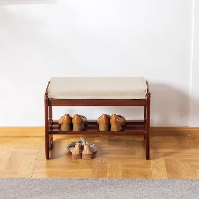 latifolia Solid Wood Bench, Entryway Shoe Bench with Cushion, 2 Tier Shoe Storage Organizer for Hallway, Living Room(Grey,21.65''L) - Image 7
