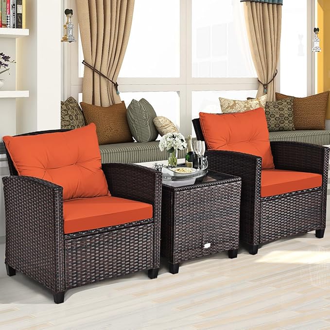 KOTEK 3 Piece Patio Furniture Set, Outdoor Conversation Set with Washable Cushions & Tempered Glass Tabletop, PE Rattan Wicker Bistro Set for Porch, Garden, Balcony (Orange)