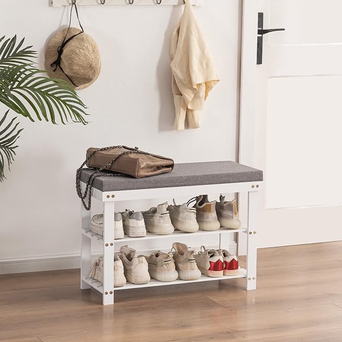 Apicizon 3-Tier Shoe Rack for Entryway, Bamboo Shoe Bench with Cushion Padded Seat, Small Shoe Organizer with Storage for Indoor Entrance Hallway Bedroom Living Room, White - Image 7