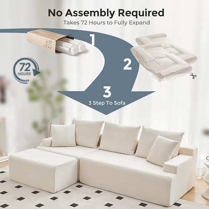 Boneless Couch, L Shaped Cloud Couches for Living Room, Comfy Fluffy Modular Sectional Sofa, Deep Seat Memory Foam Lounger with Left Facing Chaise, Free Combination, Beige