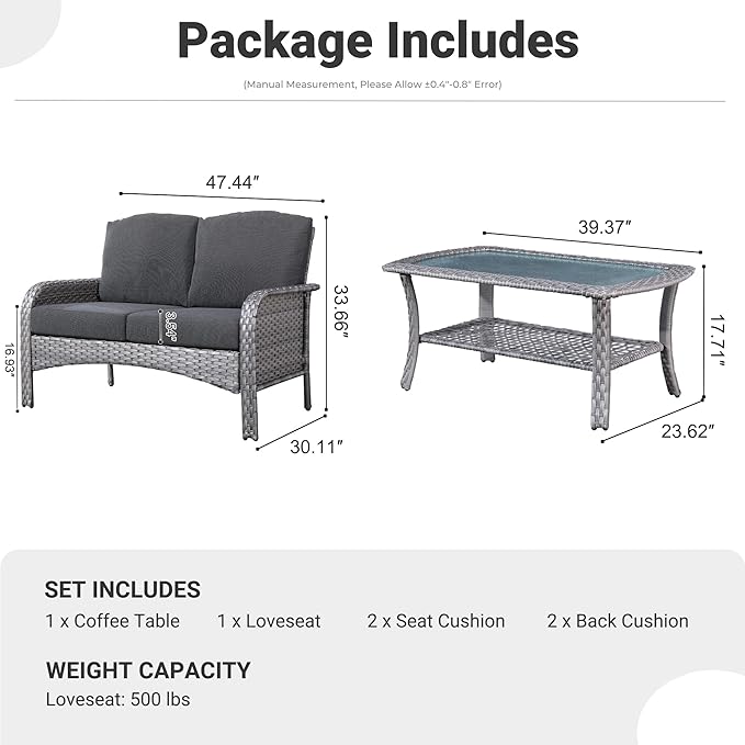 ovios 2-Piece Patio Furniture Set, Outdoor Wicker Sofa with Coffee Table, High Back Rattan Couch Loveseat with Comfy Cushions for Porch Yard Deck, Black