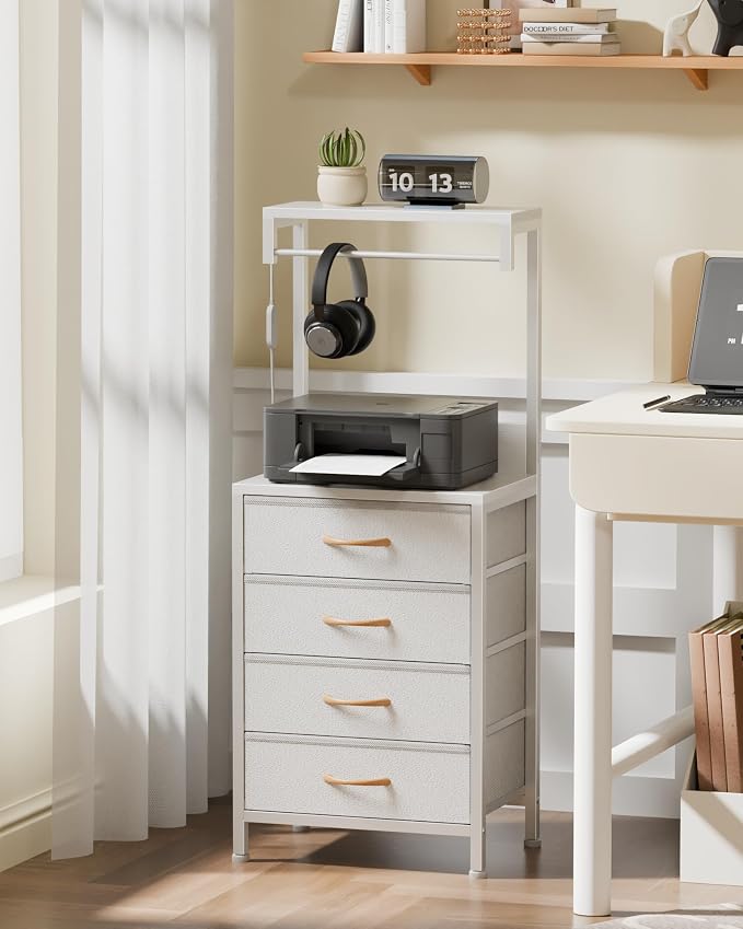 Furnulem White Nightstand, 38 inches Tall Night Stand with Charging Station and LED Lights, Bedside Table for Bedroom, Office, Hallway, 4 Fabric Drawers, Metal Frame, Wood Shelves - Image 9