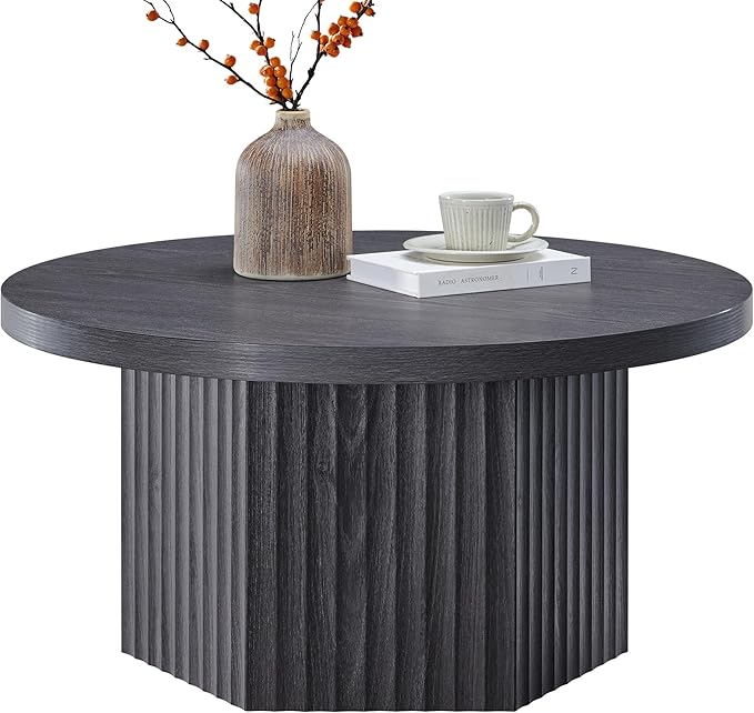 SICOTAS Round Coffee Table for Living Room, Mid Century Modern Fluted Center Coffee Table with Storage, 32" Circle Accent Tea Dining Table for Apartment, Dark Grey Alder
