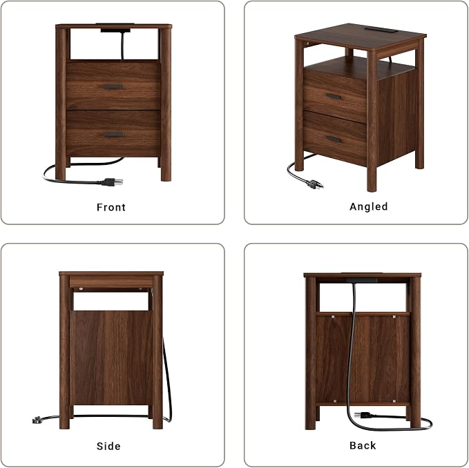 Night Stand Set 2, 20" Wide Nightstands Set of 2, Modern Nightstand with Charging Station, 2 Drawer Wooden End Table with Solid Round Post Legs, Bedside Table w/Storage for Bedroom, Walnut - Image 8