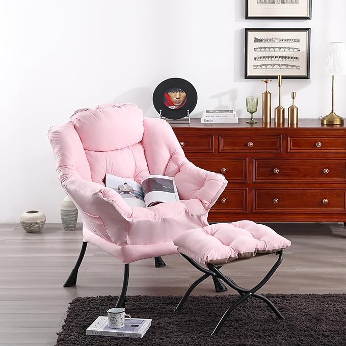 Welnow Pink Lazy Chair with Ottoman, Modern Reading Accent Chair with Armrests and a Side Pocket, Leisure Upholstered Lazy Sofa Set with Footrest for Small Space