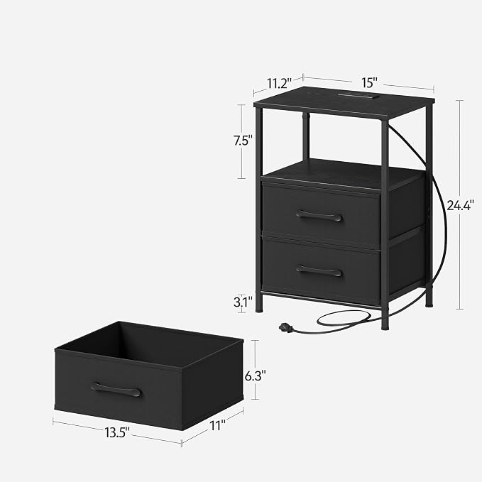 TRIFEBLE Nightstands Set of 2, Night Stand with Charging Station, Bedside Table with 2 Fabric Drawers for Bedroom, Small Side End Table with Open Shelf, Black - Image 7