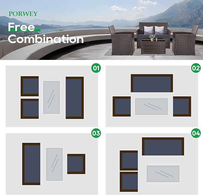 Patio Outdoor Furniture 4 Pieces Sectional Sofa Set Balcony Furniture Wicker Rattan Chairs with Table and Loveseat for Garden, Porch, Backyard, Brown Wicker/Blue Cushion