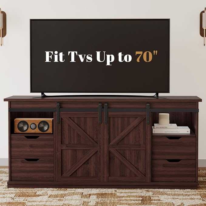 YESHOMY Farmhouse TV Stand for Televisions up to 65 Inch, Wood Entertainment Center with Sliding Barn Doors and 4 Storage Drawers, 58’’ Media Console Cabinet with Shelves for Living Room, Espresso - Image 7