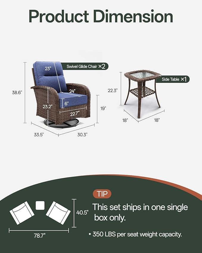 Patio Furniture Set with 6-Inch Thick Cushions, High Back Outdoor Swivel Rocker Chairs and Side Table, 3-Piece Easy Assembly Conversation Set for Porch Deck Balcony Yard in Blue